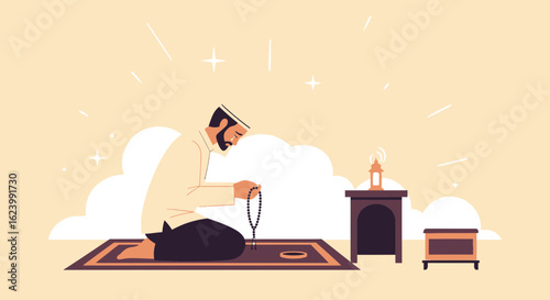 Peaceful Muslim Man Praying On Mat In Stillness And Contemplation During Ramadan