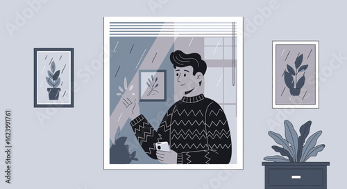 Man Looking Out Window On A Rainy Day Holding Smartphone Indoors