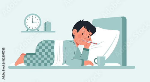 Man Lying On Bed Measuring His Temperature Feeling Unwell At Home