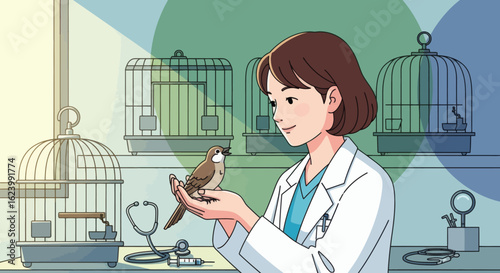 A veterinarian examines a bird in a clinic with bird cages