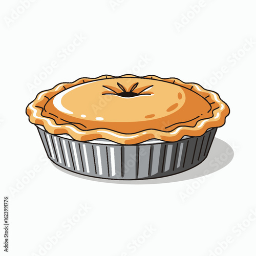 A whole pie sits in its tin with a crimped crust  vent in the center A shadow lies underneath