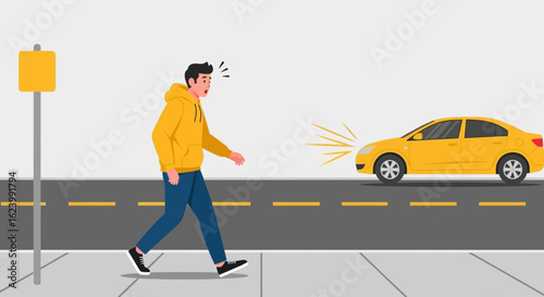 Pedestrian In Attire Confronts Car Accident On City Street Illustration