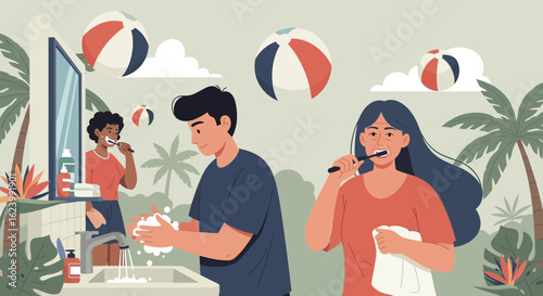 People Practicing Personal Hygiene in a Tropical Environment Illustration