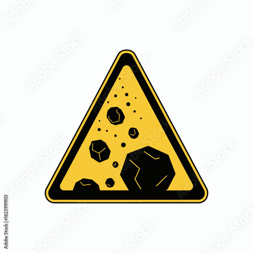 A yellow triangle sign warns of falling rocks depicted as black jagged shapes and debris
