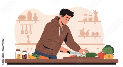 Man Prepares Healthy Meal In The Kitchen With Fresh Vegetables