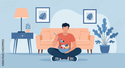Person Enjoying Healthy Breakfast Bowl On Floor With Relaxing Environment