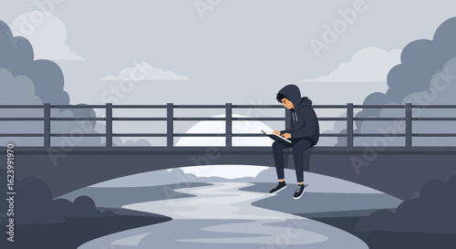 Person Sits on Bridge, Absorbed in Reading, Reflecting Serenity of Nature