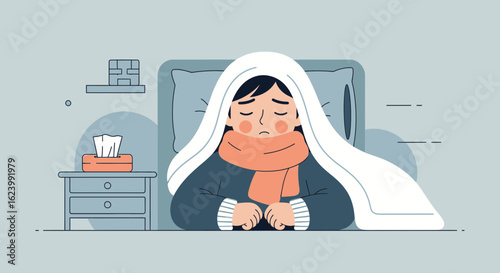 Person Suffering From Sickness Wrapped In Blanket Lying In Bed At Home