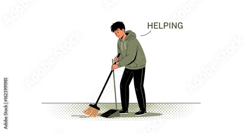 Person Sweeping the Floor in a Hoodie Illustration with a Helping Bubble