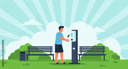 Person Using Automatic Hand Sanitizer Dispenser In A Public Park Environment