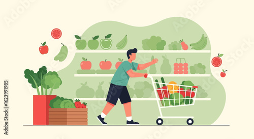 Man Pushing Grocery Cart Filled With Fresh Produce In Supermarket Aisle