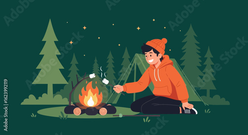 Man Roasting Marshmallows By Campfire Under Starry Sky In The Forest