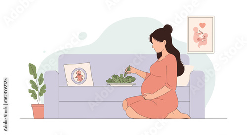 Pregnant Woman Enjoying Fresh Salad at Home, Promoting Prenatal Health