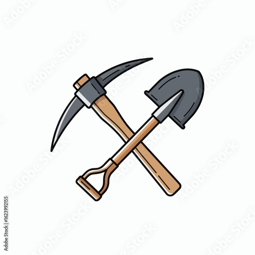 An image displays a shovel and pickaxe crossed featuring brown wooden handles and gray metal blades
