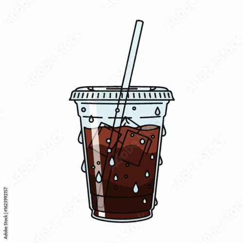 An iced coffee in a clear plastic cup with a straw condensation and a lid