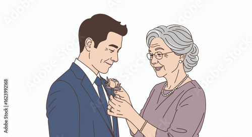 An older woman pinning a flower on a young mans suit