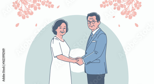 An older couple holding hands and smiling stand against a backdrop of pink cherry blossoms