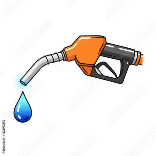 An orange gas nozzle drips a blue liquid drop with a silver spout