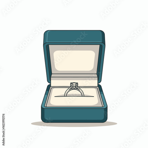 An open teal jewelry box reveals a diamond ring set against a creamcolored interior