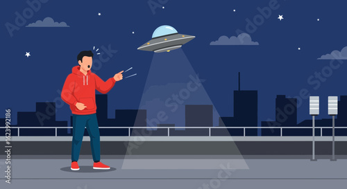 Man Spotted Ufo Flying Over City At Night Pointing And Shouting In Disbelief