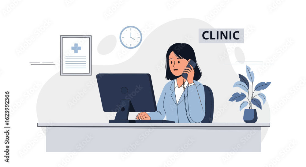 Professional Receptionist Taking Calls in Modern Clinic Interior Vector Illustration Professional Receptionist Taking Calls in Modern Clinic Interior Vector Illustration