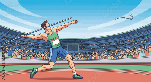 Athlete throws javelin in stadium as crowd cheers under a bright blue sky