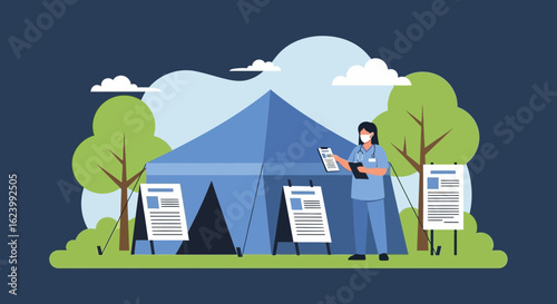 Medical Personnel Amidst an Outdoor Healthcare Clinic, Featuring Masked Doctor