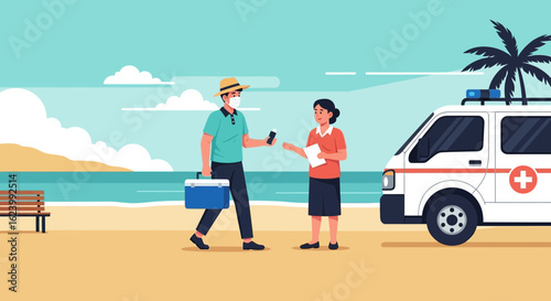 Medical Personnel Assists A Tourist During a Heatwave On The Beach
