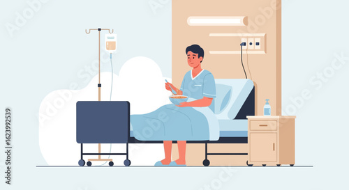 Recovering Patient Eating Meal In Hospital Bed After Medical Treatment