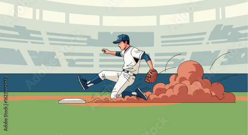 Baseball player sliding into base dust cloud stadium in background
