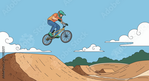 Biker jumps his bike over a dirt ramp in a clear cloudfilled sky