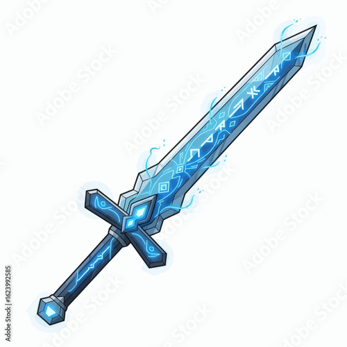 Bluehued sword with arcane runes and glowing energy floating with geometric crossguard