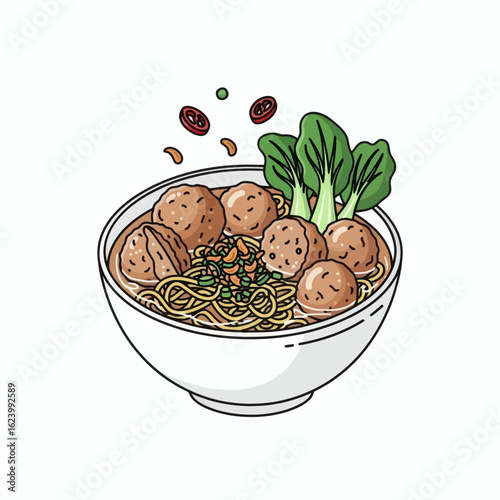 Bowl of meatball noodle soup garnished with greens peppers  herbs