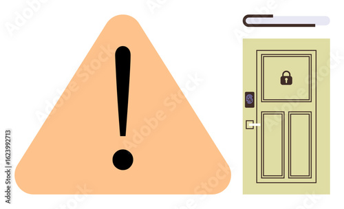 Exclamation in triangle caution sign and closed locked door emphasizing security, restriction, and prevention. Ideal for risk-focused communication, cyber safety, cautionary measures, access control