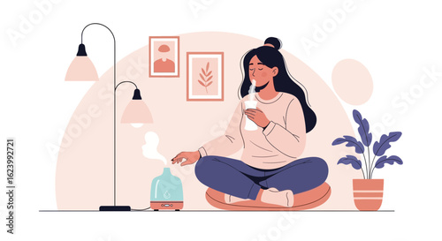 Relaxing At Home Illustration With Aromatherapy And Beverage Consumption