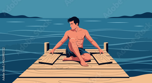 Meditative Man On The Dock By The Calm Sea Practicing Yoga Pose