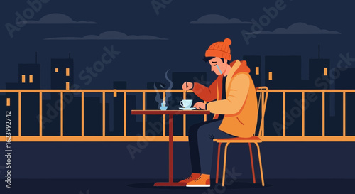 Melancholic Evening: Solitary Reflection Over Coffee In A Cityscape Scene
