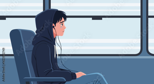 Melancholic Young Man Listening Music On a Vehicle While Traveling Alone