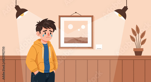 Melancholic Teenager Depicts Sadness Standing Near Contemporary Painting on Wall