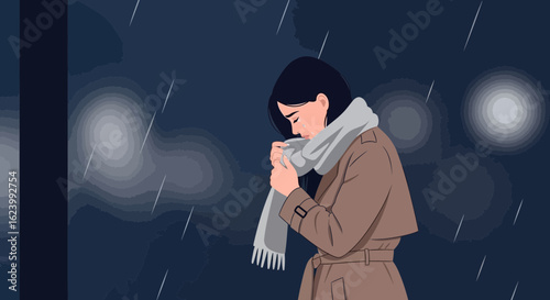 Melancholic Mood Of Young Woman In The Rain On A Gloomy Night