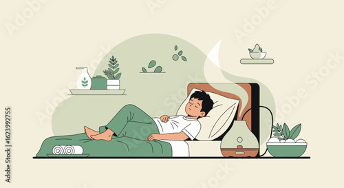 Relaxing Bedroom Ambience A Young Man Sleeping Peacefully with Aroma Therapy