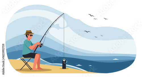 Relaxing Day Of Fishing By The Sea In Minimalist Aesthetic Illustration