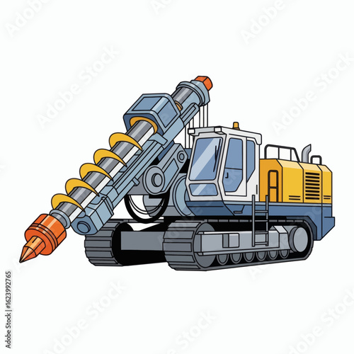 Cartoon drill rig tracked construction vehicle with a large auger drill attached in a bright colorful illustrative style