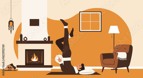 Relaxing Indoor Yoga Session By Fireplace And Cozy Armchair Illustration
