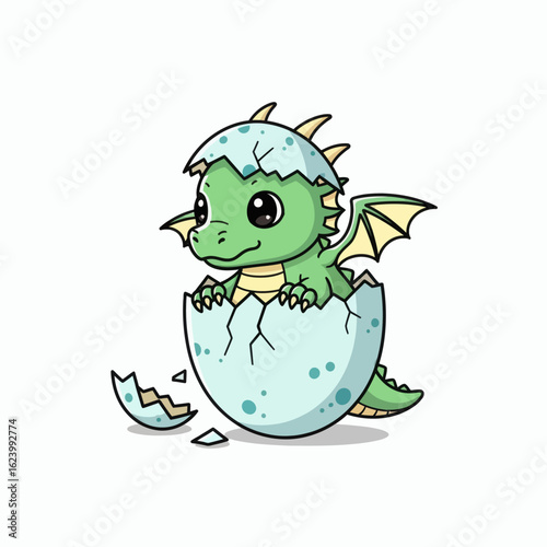 Cartoon green dragon hatching from a light blue spotted egg with cracks and a detached piece