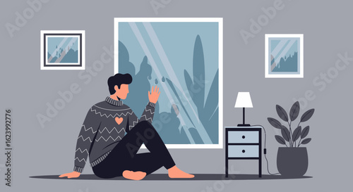 Melancholy Mood Rainy Day Reflection Person Sitting By Window