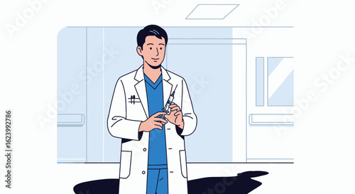 Cartoon medic with syringe in a sterile setting white coat blue scrubs preparing for injection