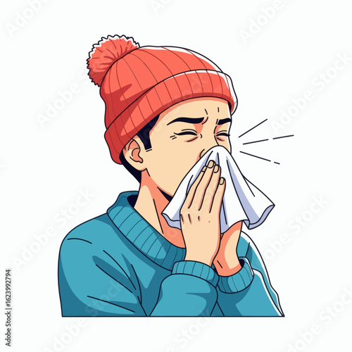 Cartoon man wearing a hat and sweater covering his nose with a tissue sneezing