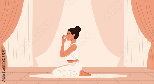 Mindful Woman Practices Meditation For Relaxation And Inner Peace Inside Light Room