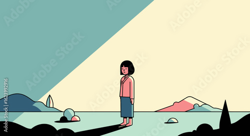 Minimalist Illustration Of A Woman Standing In A Surreal Landscape